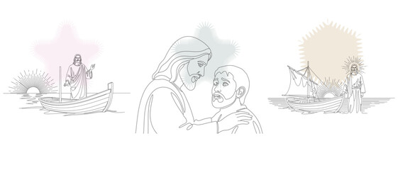 Obraz premium Line art illustration depicting scenes from the life of Jesus Christ, including healing, compassion, and discipleship, with a focus on faith.