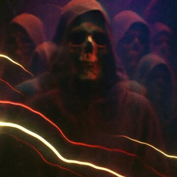 Eerie hooded figures in darkness.