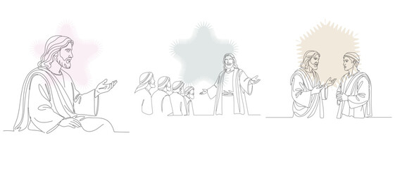 Fototapeta premium Line art illustration depicting scenes from the life of Jesus Christ, including teaching, healing, and interactions with followers.