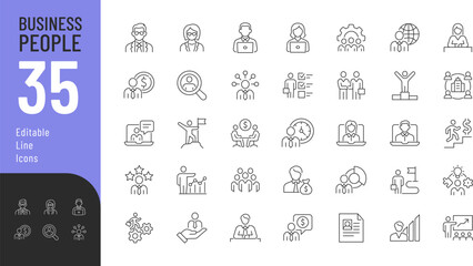 Business People Line Editable Icons set. Vector illustration in a modern thin line style of business related icons: leadership, manager, skills, and more. Isolated on transparent background.