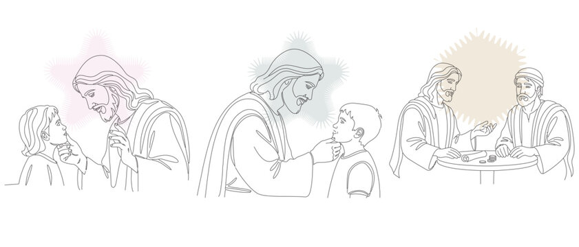 Line art illustration depicting scenes of compassion, kindness, and mentorship, featuring figures interacting with gentle expressions.