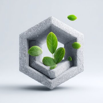 A hexagonal structure with green leaves floating.