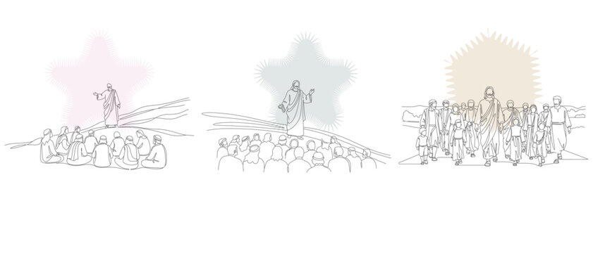 Line art illustration of religious scenes depicting Jesus preaching to crowds, with varying color backgrounds and sunburst effects.