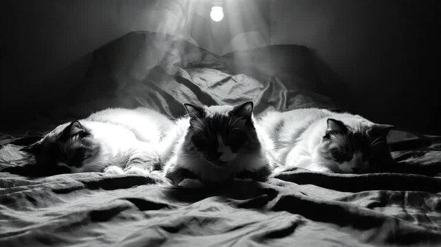 Three Ragdoll cats lie on a bed, illuminated by a single overhead light in black and white