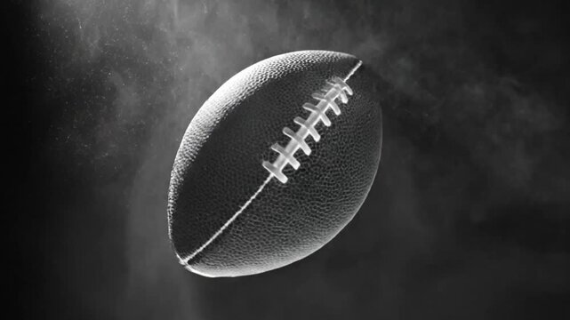 Dramatic slow-motion football floating against dark background with smoke highlighting the texture of the pigskin