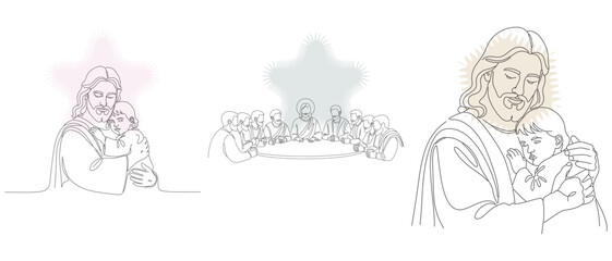 Fototapeta premium Line art illustrations depicting Jesus with children and the Last Supper, conveying themes of faith, love, and compassion in a minimalist style.