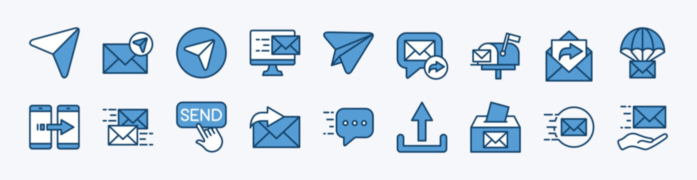 Set of send message icon. Contains electronic mail, mailbox, newsletter, transfer, reply, share arrow, upload, letter box, continue, forward button, paper plane for social media  - vector illustration