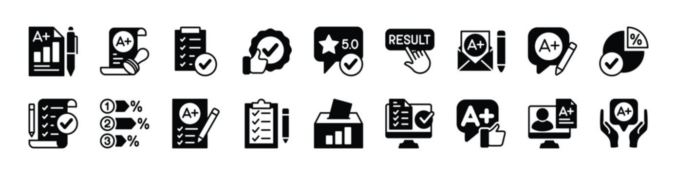 Result icon vector set. Contains checkmark, value, mark, grade, percentage, positive for approval, verify, feedback button, online certify, quality, certification, license, best reward - illustration