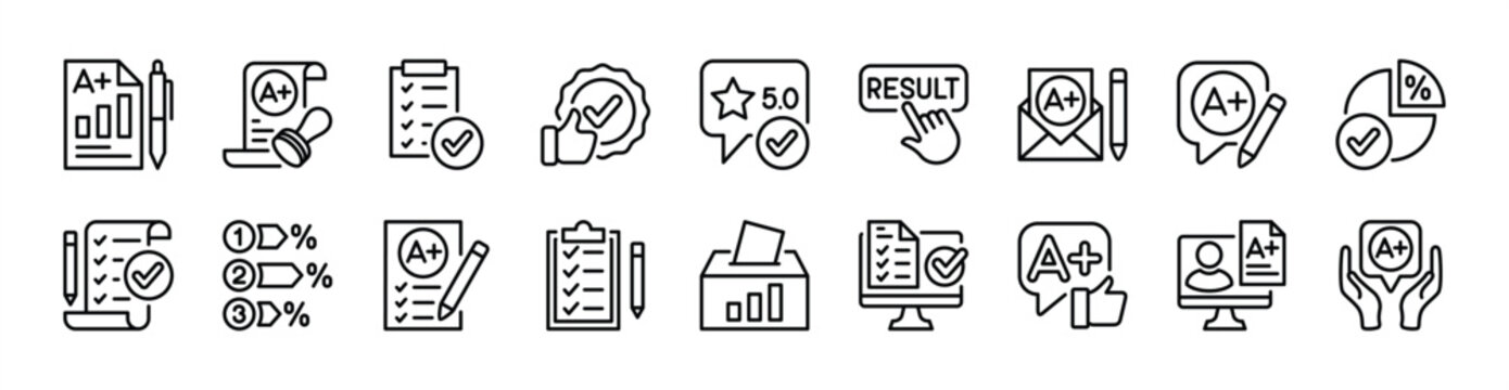 Result icon set. Contains checkmark, value, mark, grade, percentage, positive for approval, verify, feedback button, online certify, quality, certification, license, best reward - vector illustration