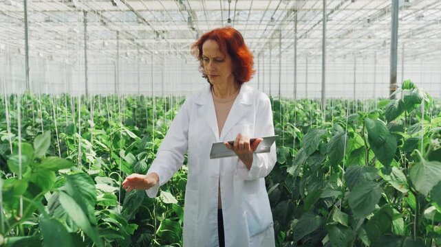 Botanist conducts detailed plant health assessments carelessly. Professional in controlled greenhouse environment collects tissue specimens to determine plant health conditions accurately