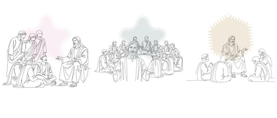 Fototapeta premium Line art illustrations depicting scenes from the life of Jesus Christ, including disciples, miracles, and teachings.