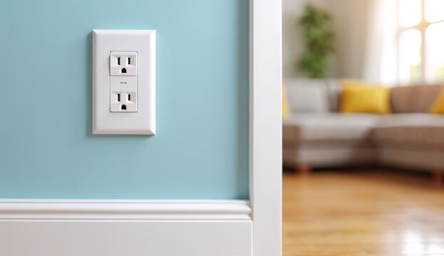 Close up of double outlets on a light blue wall with a living room interior in the background.