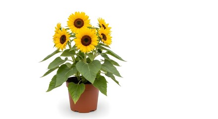 Vibrant yellow sunflowers growing in a brown plastic pot isolated on a pure white background © Achani