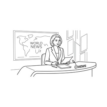 Woman sitting at news desk reading.