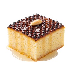 Delicious Slice of Dessert: A single piece of golden, syrup-soaked dessert, crowned with a nut, invites a moment of sweet indulgence.