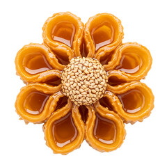 Golden Blossom: An exquisite pastry, delicately crafted to resemble a radiant flower, glistens with a rich, caramelized glaze and a core of sesame seeds.