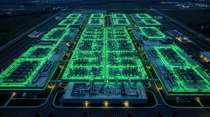 Fototapeta premium Futuristic data center server farm with glowing green neon lights and high-tech infrastructure at night