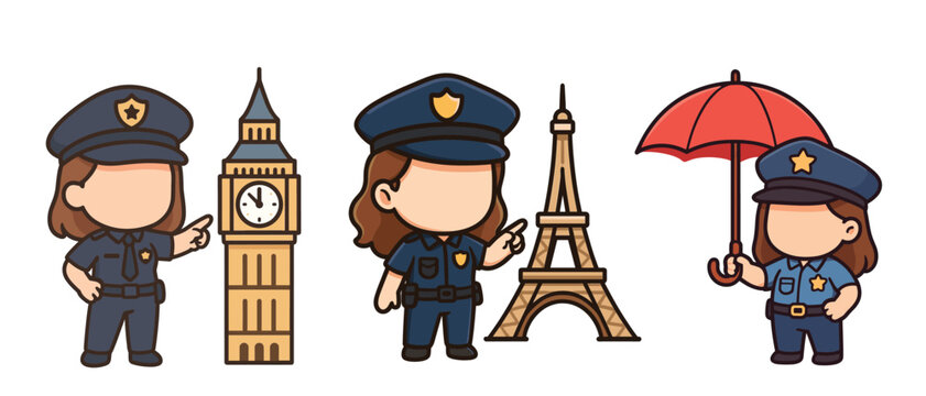 Female police officers with Big Ben and Eiffel Tower icons