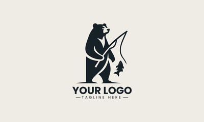 Obraz premium Black bear holding fishing rod is presented as bold monochrome vector logo on clean white background for outdoor adventure and fishing branding use