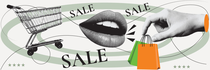 Halftone pop art dot shopping cart trolley bag hand finger pointing mouth speaking sale discount retail vector illustration © SpiximCreation