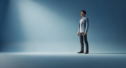 Fototapeta premium Man standing in spotlight, looking towards light, pixelated low-poly style, concept of digital future or digital transformation