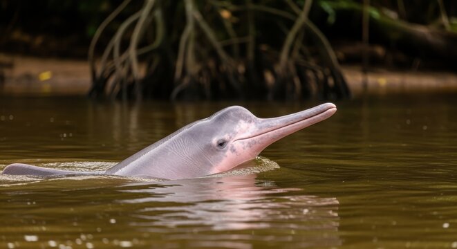 Unique pink Amazon river dolphin emerges from murky waters in its natural habitat