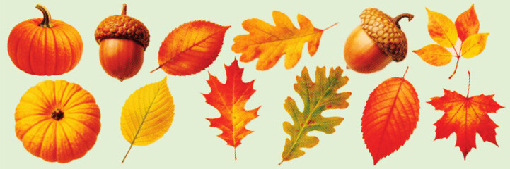 Halftone pop art dot pumpkin acorn leaf autumn fall nature seasonal harvest elements vector illustration © SpiximCreation