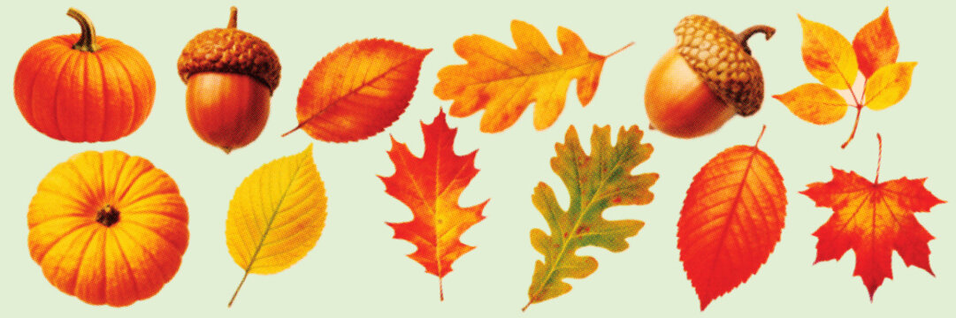 Halftone pop art dot pumpkin acorn leaf autumn fall nature seasonal harvest elements vector illustration