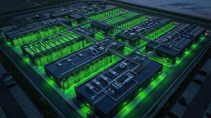 Fototapeta premium 3d illustration of glowing green circuit board with futuristic data processing and server technology concept