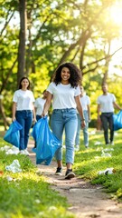 Fototapeta premium Diverse volunteers clean up park, collecting trash in blue bags, promoting environmental protection and community service.