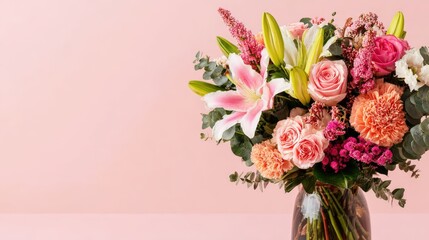 Fototapeta premium Colorful floral arrangement features diverse blossoms in a glass vase against a soft pink background.