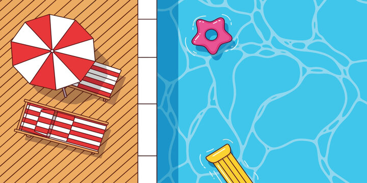 A cartoon illustration of a poolside scene with a red and white umbrella