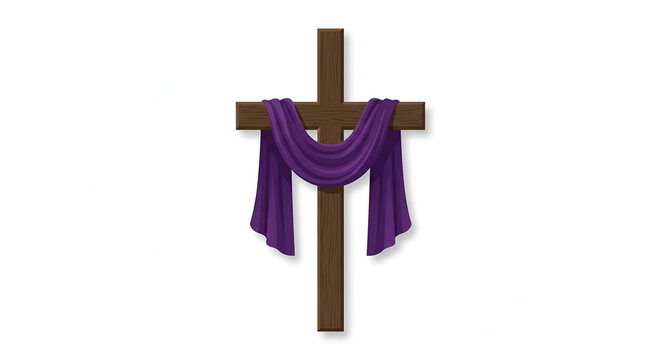 Minimalist wooden cross with draped purple cloth, Good Friday vector illustration on pure white background.