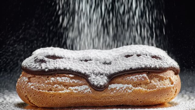 Delicious Chocolate Eclair Dusted with Powdered Sugar in Slow Motion.
