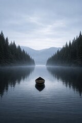 Obraz premium Serene boat amidst misty forest