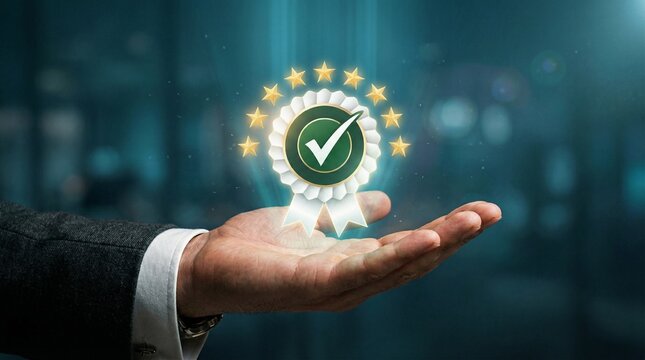 Quality and Assurance: A close-up shot of a hand presenting a quality badge, symbolizing commitment to excellence, meticulousness, and assured quality.
