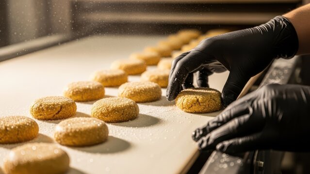 Baker handling cookies on conveyor belt