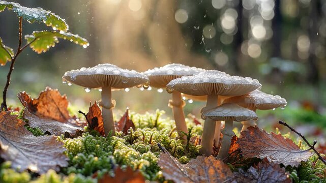 Magical forest mushrooms glistening with raindrops in soft sunlight.