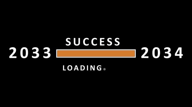 Success loading bar between the years 2033 and 2034 with the word success above and loading text below on a black background