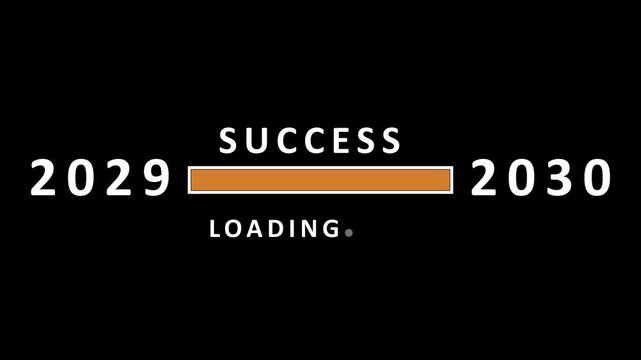 Success loading bar between the years 2029 and 2030 with the word success above and loading text below on a black background