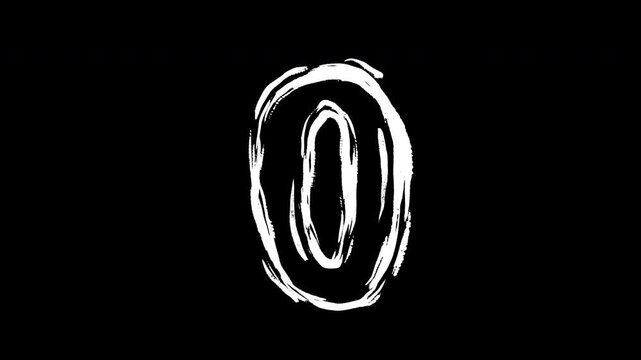 Textured 2D animation of numbers from zero to nine drawn in realistic white chalk or crayon style. Hand crafted look features organic strokes and charcoal like overlay texture for educational videos, 