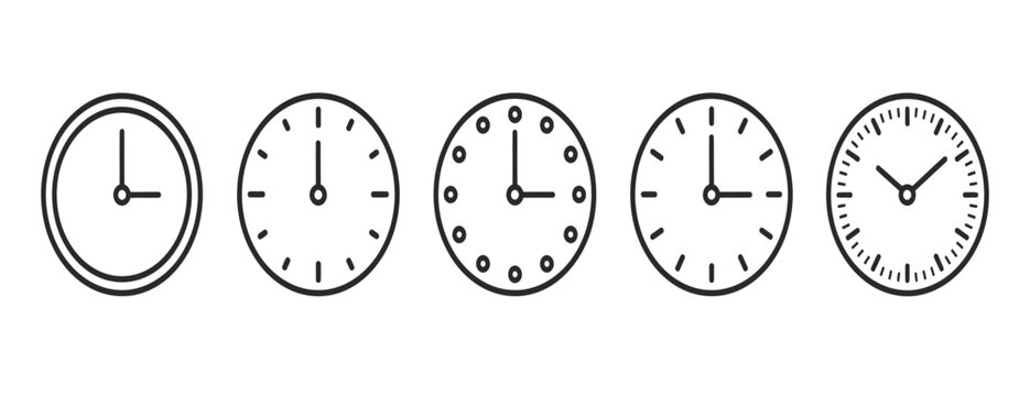 Collection of analog clock icons, showing three o'clock in different styles, isolated on white background, vector set for time concept