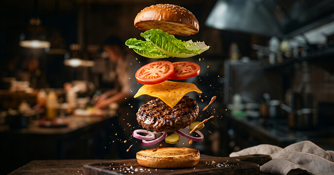 Artistic food concept displays burger ingredients floating in alignment above a plate, emphasizing freshness, balance, and gourmet appeal in a cozy dining environment.