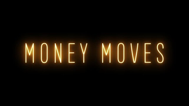 Vibrant orange neon text spelling MONEYMOVES prominently displayed on a completely black background with a noticeable luminous glow. Keywords: money moves neon sign, financial transactions