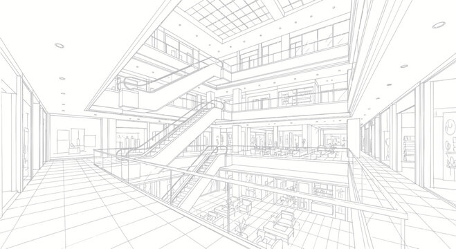 Architectural blueprint sketch of modern building interior design.