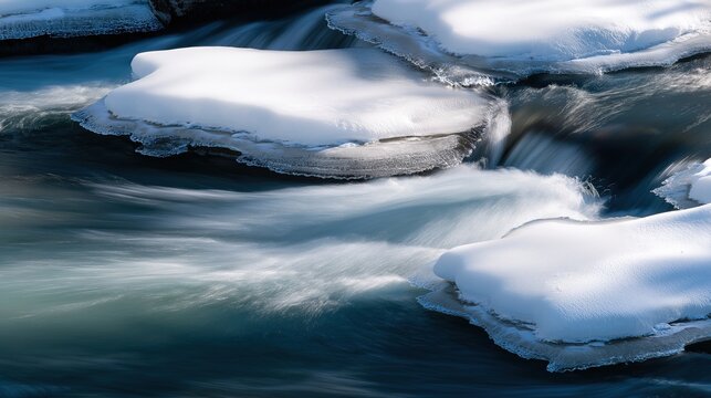 verglas. Landscape of a melting river breaking through ice in morning light. travel magazines, destination branding, designed for outdoor magazines and nature guides, drives exploration.