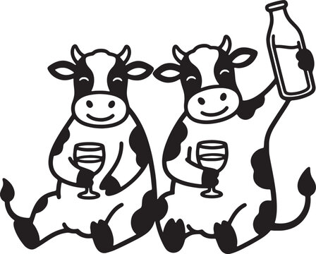 Two cows drinking milk from glasses and bottle
