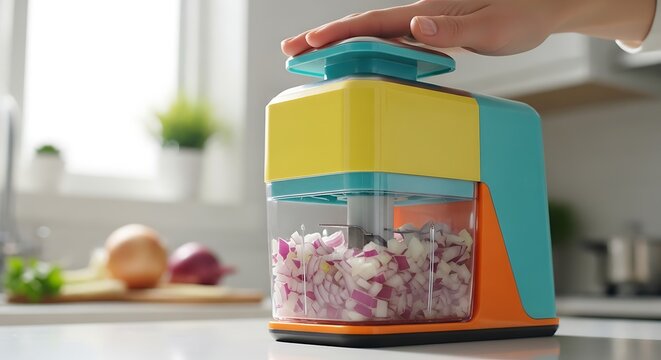 A hand presses down on a modern colorful kitchen chopper filled with diced red onions for meal preparation.