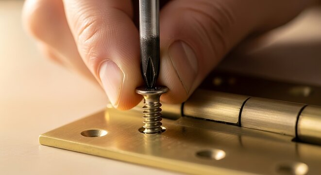 A person's hand uses a screwdriver to precisely fasten a golden screw into a shiny brass door hinge.