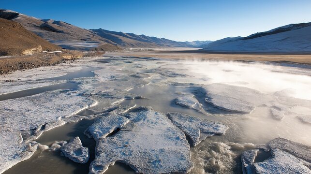 verglas. Landscape of a melting river breaking through ice in morning light. travel magazines, destination branding, designed for outdoor magazines and nature guides, drives exploration.